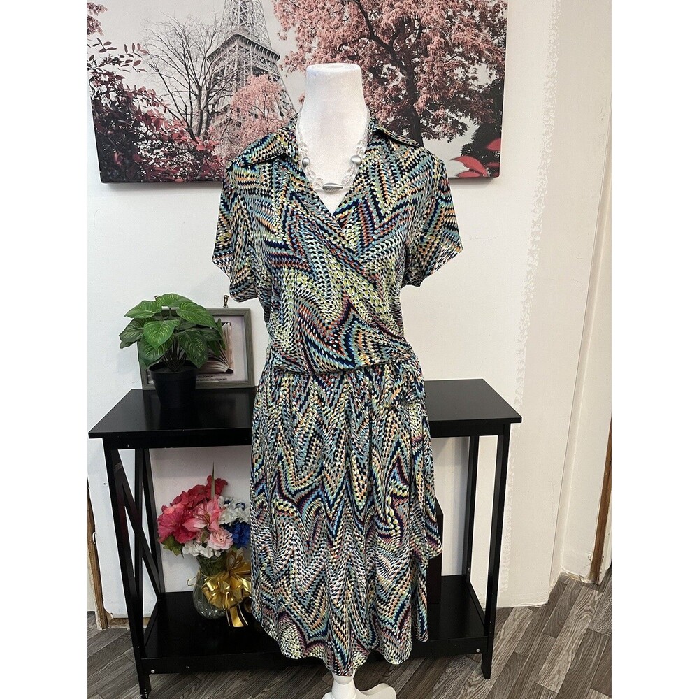 DR Collection Surplice A-Line Dress XL Womens Geometric Print Belted Flowy Skirt